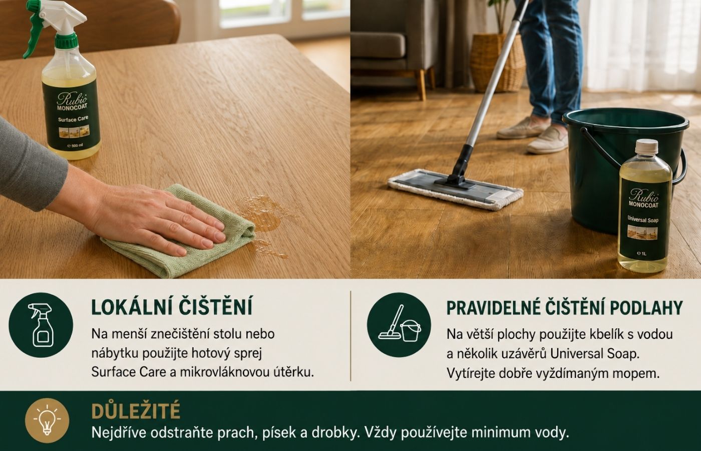 Lokální čištění olejovaného stolu a pravidelné čištění větší dubové podlahy